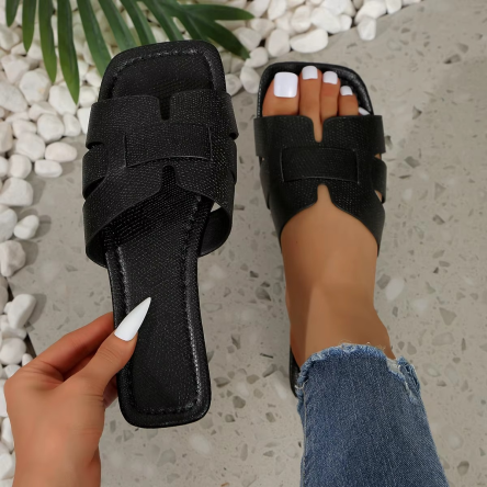 Women’s Flat Sandals Summer Fashion Slip-On Slippers Square Toe Open-Toe Design, Suitable for Everyday Women Wear Flat Slippers